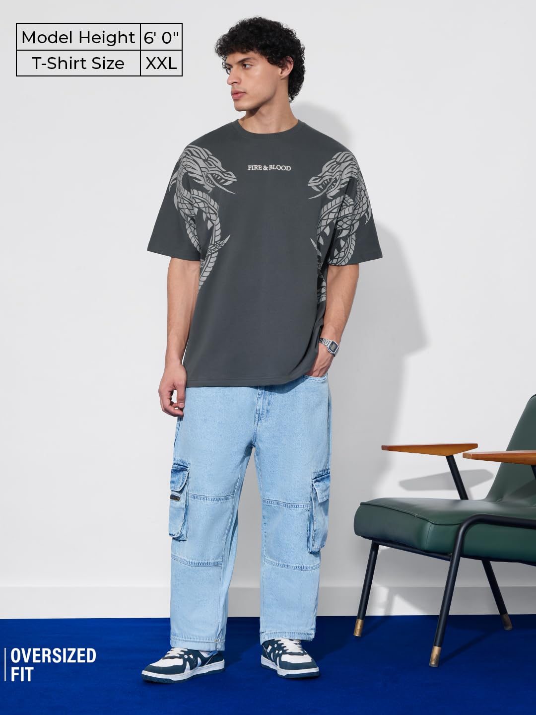 The Souled Store House of The Dragon: Fire & Blood Men and Boys Short Sleeves Round Neck Grey Graphic Printed Cotton Oversized T-Shirts
