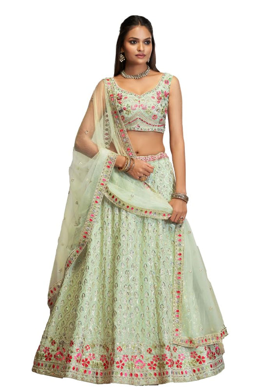 JIHU CULUTURE Pista green thread embroidery georgette Semi-Stitched lehenga choli with dupatta For Women