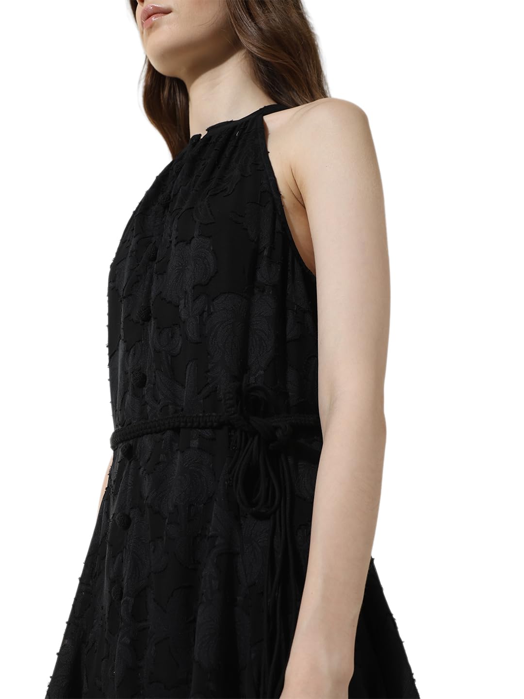 ONLY Women Self Design Polyester Above Knee Black A-line Dress