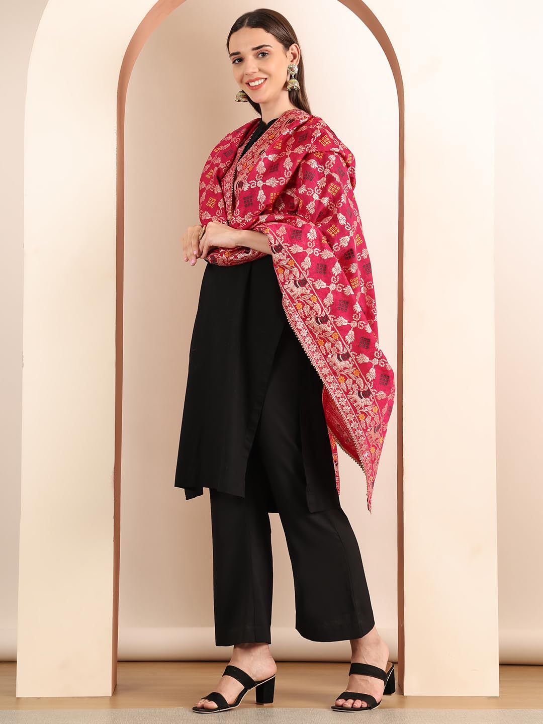 JABAMA Women's Banarasi Silk Bandhej Dupatta | Hand Tie-Dye Traditional Ethnic Dupatta