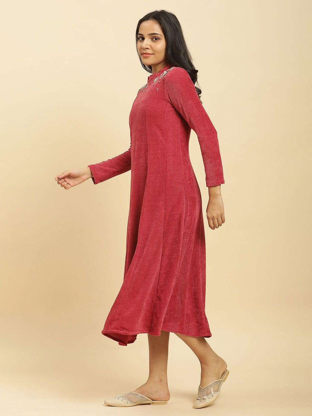 W for Woman Red Embellished Winter Flared Dress (Size: M)-24NOW10211-214829