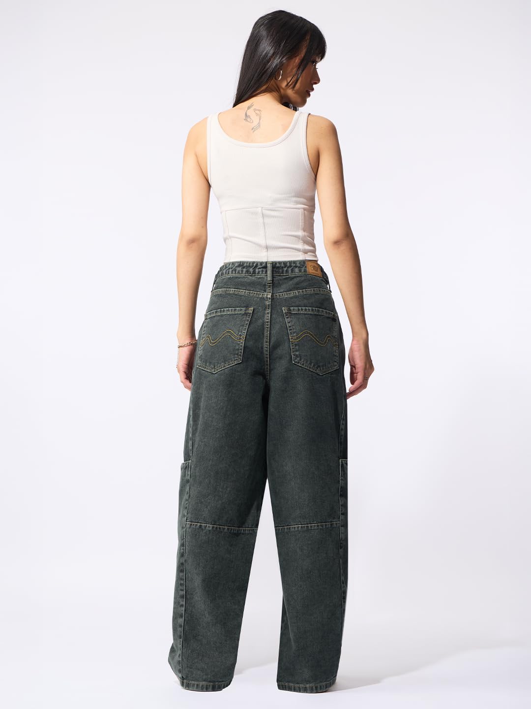 The Souled Store Mirage: Women and Girls Adjustable Waistband with Flex-Fit Tabs Charcoal Grey Washed Cotton Denim Barrel Fit Lightweight Breathable All-Season Everyday Denim Jeans