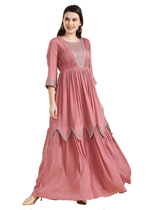 madhuram textiles Women's Chinon Chiffon Traditional Ethnic Long Western Straight, Ankle Length Dress With Embroidery Work Long Kurta(M-2361, In, Alpha, M, Regular, Pink)