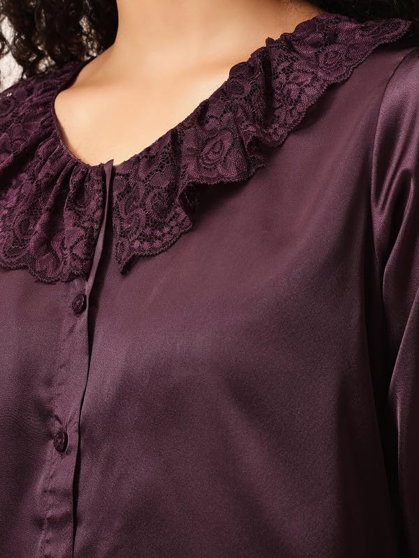 Clovia Women's Satin Button Down Top & Pyjama Set (LS5744G15_Purple_L)