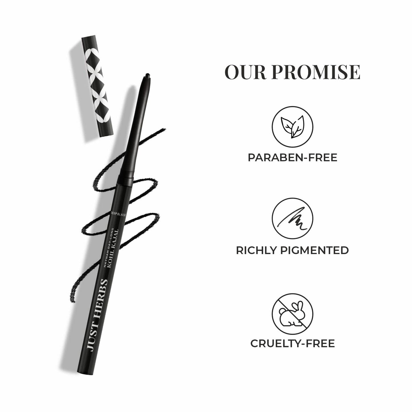 Just Herbs Retractable 2 in 1 Herbal Eyeliner + Kajal with Almond Oil & Vitamin E, 11 Hour Stay, Singlestroke, Smudgeproof & Fadeproof - Black 0.3g