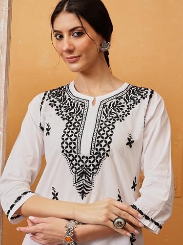 Ada Hand Embroidered Lucknowi Chikankari Cotton Short Kurti Top Tunic for Women A911479 White & Black (3XL)