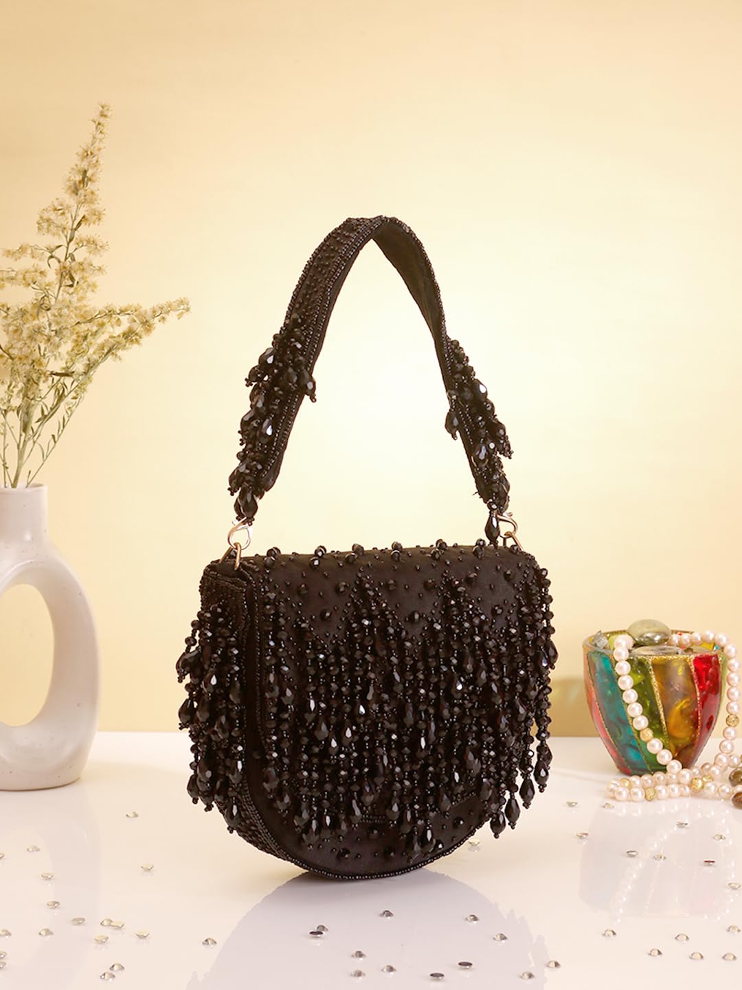 SWISNI Crystal Embroidered Clutch Bag With Megnetic Closure Handheld Purrse | For Bridal With Detachable Sling (Black)