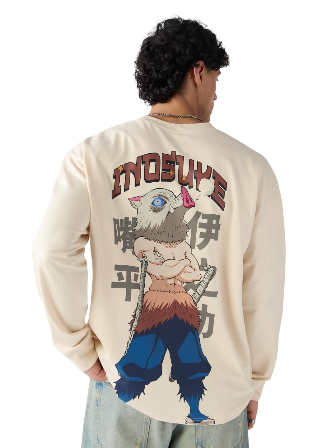 The Souled Store Demon Slayer: Inosuke Men and Boys Long Sleeves Round Neck Graphic Printed Cotton Oversized Comfortable Lightweight All-Season T-Shirt