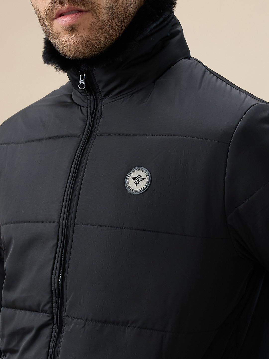 Status Quo Men's Solid Quilted Jacket Faux Fur High Neck Full Sleeves