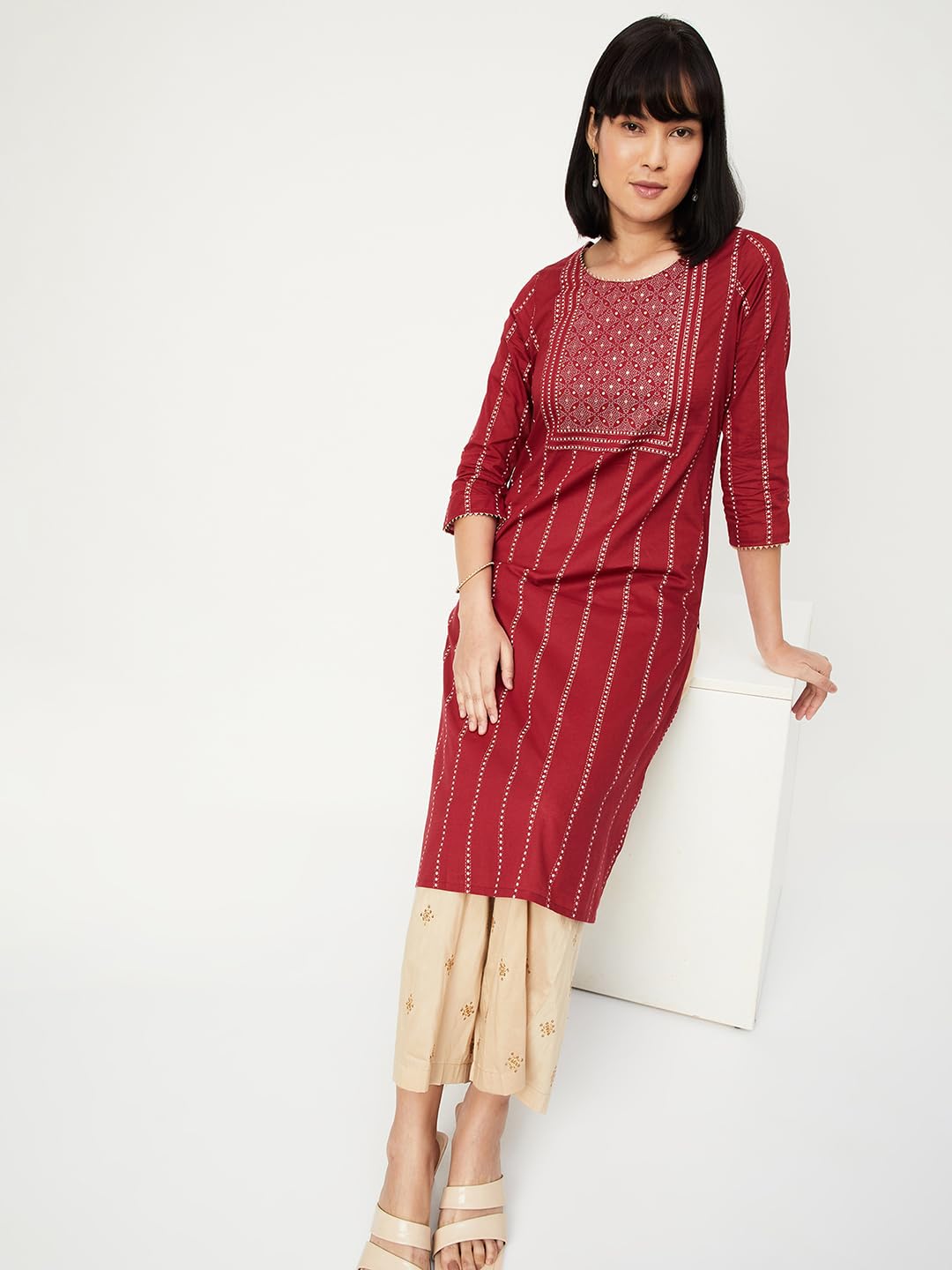 Max Women's Cotton Regular Kurta (PCPKFE24NAMAROON_Maroon