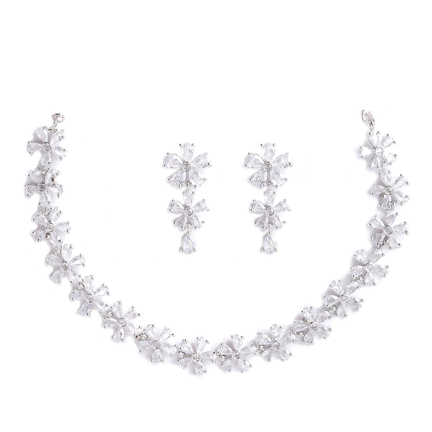 ZENEME Rhodium Plated Silver Toned White American Diamond Studded Flower Shaped Jewellery Set For Girls and Women (White)