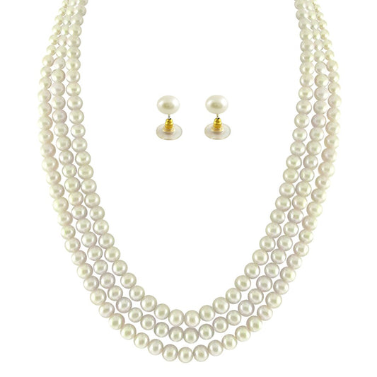 Sri Jagdamba Pearls Dealer 3 String White Pearl Set for Women | Necklace Set for Women and Girls With Certificate of Authenticity