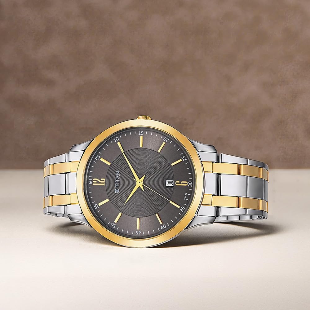 Titan Quartz Analog With Date Anthracite Dial Two Toned Gold & Silver Metal Strap Watch for Men - NT1825BM01