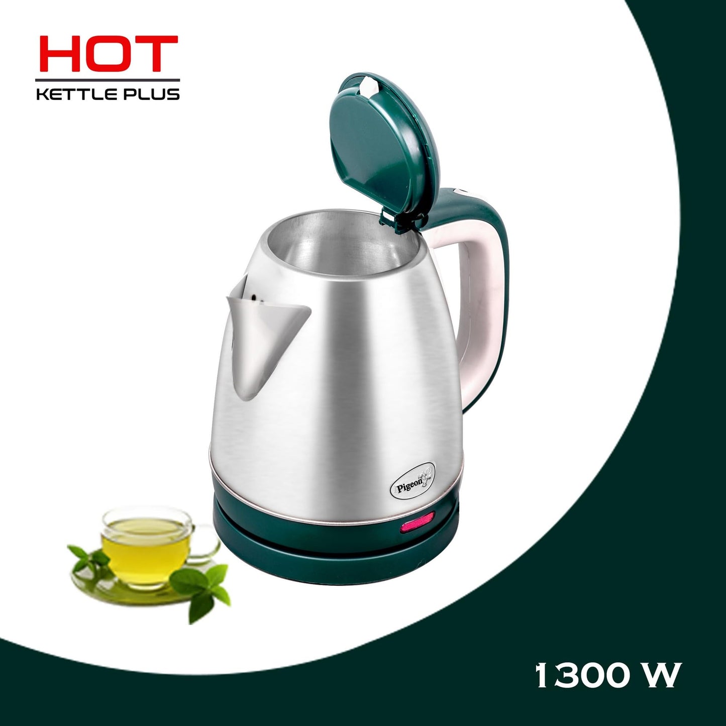 Pigeon by Stovekraft Hot Plus Electric Kettle (16245) with Stainless Steel Body, 1.5 litre, used for boiling Water, making tea and coffee, instant noodles, soup etc. (Green)