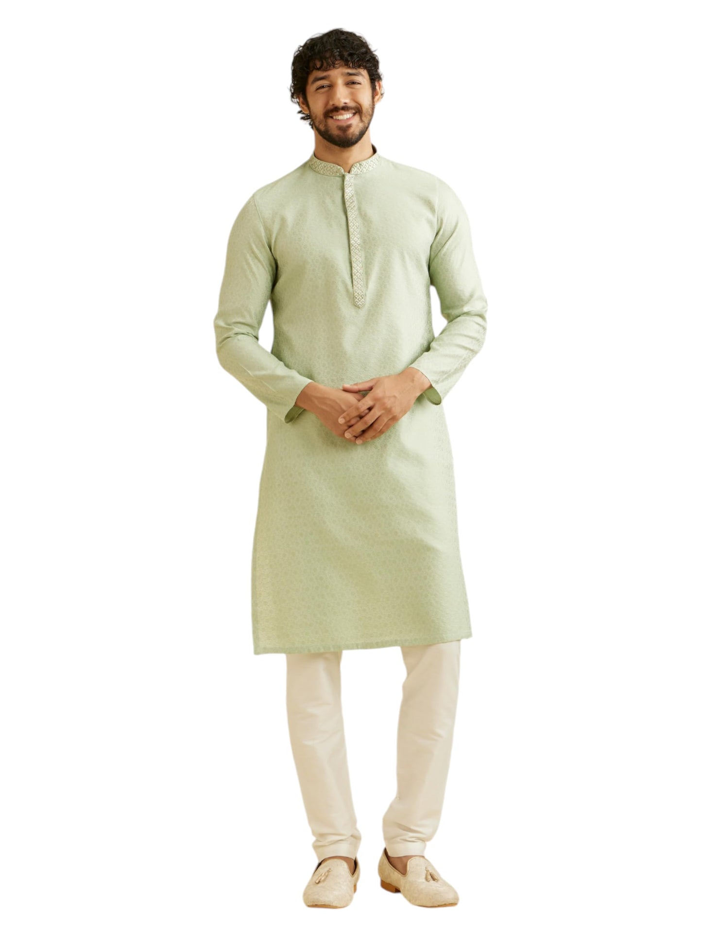 Manyavar Men's Viscose Blend Thread Work| Self Design Kurta Pyjama Set (Green,S)
