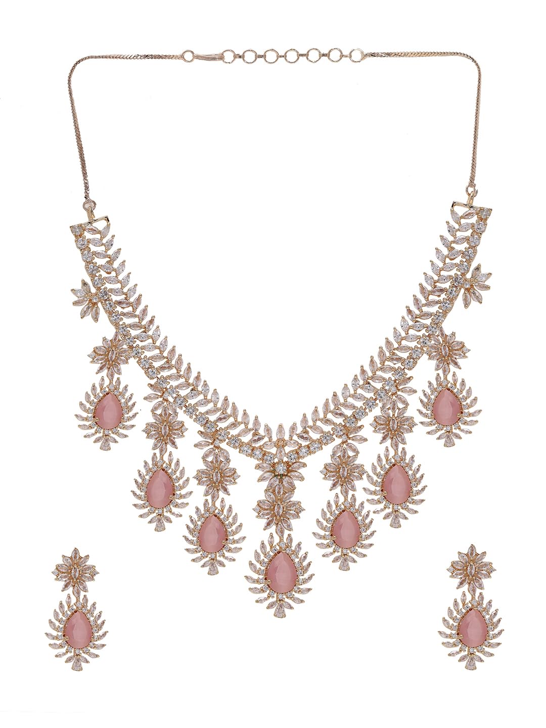 Priyaasi Womens Elegant Rose Gold-Plated American Diamond And Pink Stones Jewellery Set