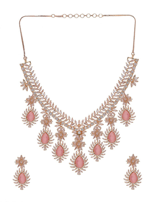 Priyaasi Womens Elegant Rose Gold-Plated American Diamond And Pink Stones Jewellery Set