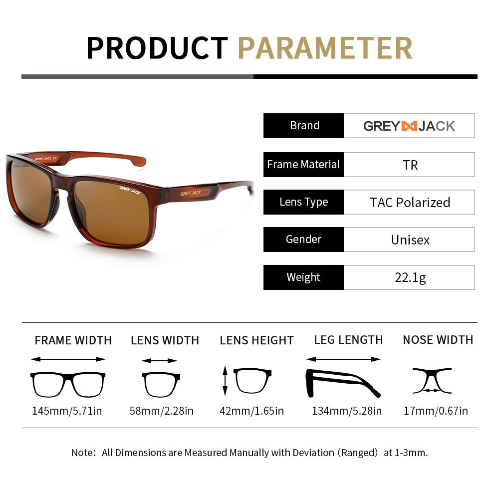 grey jack TR90 Polarized Sports Sunglasses for Driving Cycling Fishing 3254 Brown Frame Brown Lens