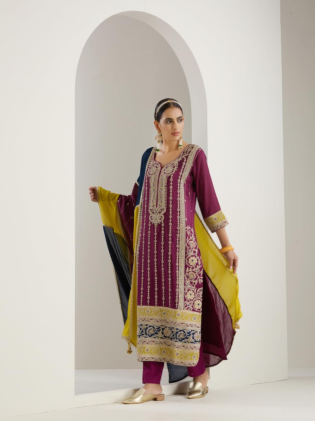 ishin Gold zari embroidered straight festive kurta with pants and dupatta
