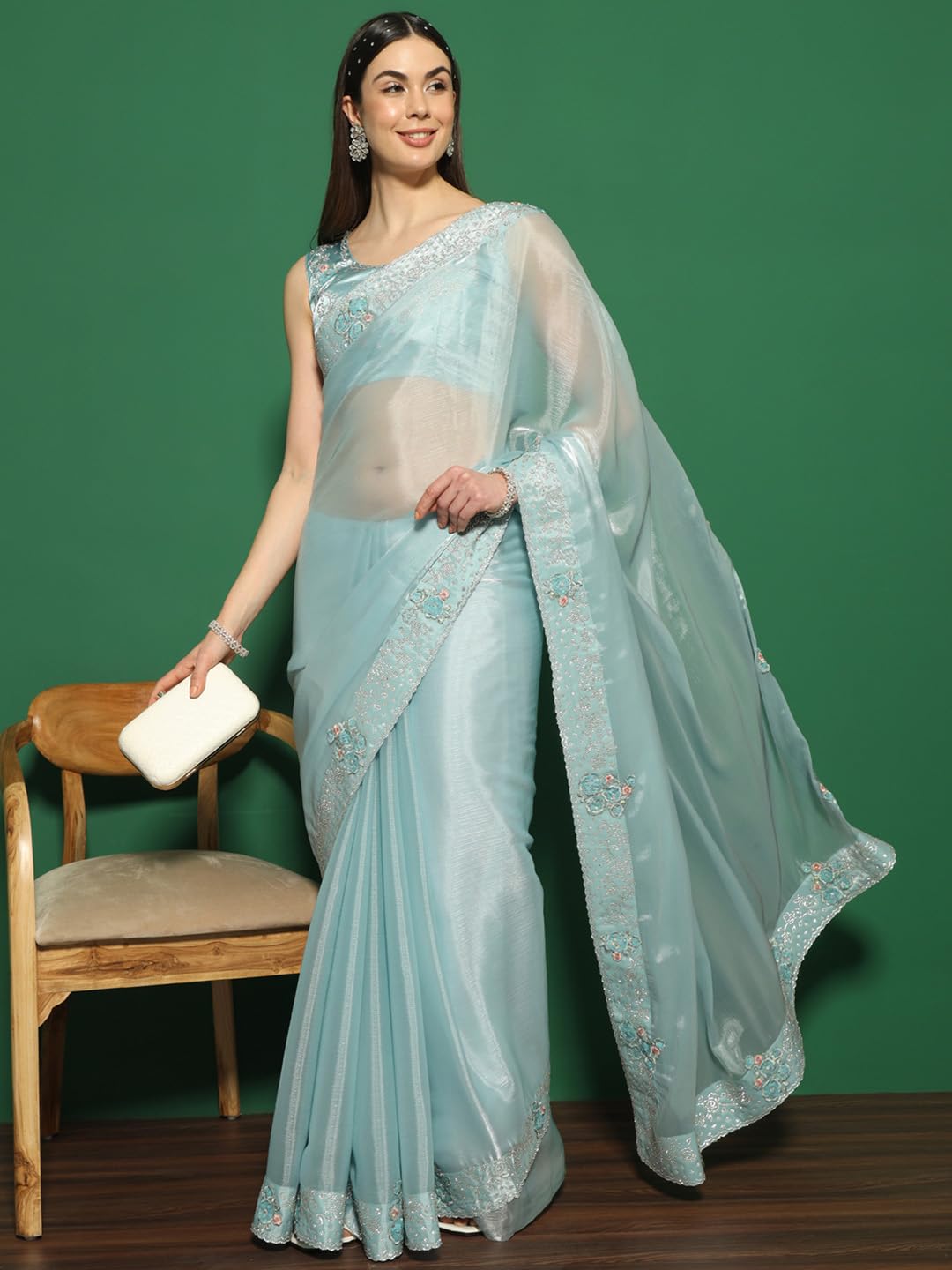 SAREE MALL Women's Organza Solid Saree With Unstitched Blouse Piece(Teal blue_FF0MAHEK737G_MK)