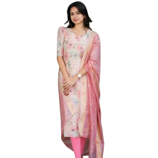 24 Carat Suit Women's Floral Pattern Chanderi Kurta Dupatta Set with Sweetheart Neck Calf Length and Pull On Closure Type