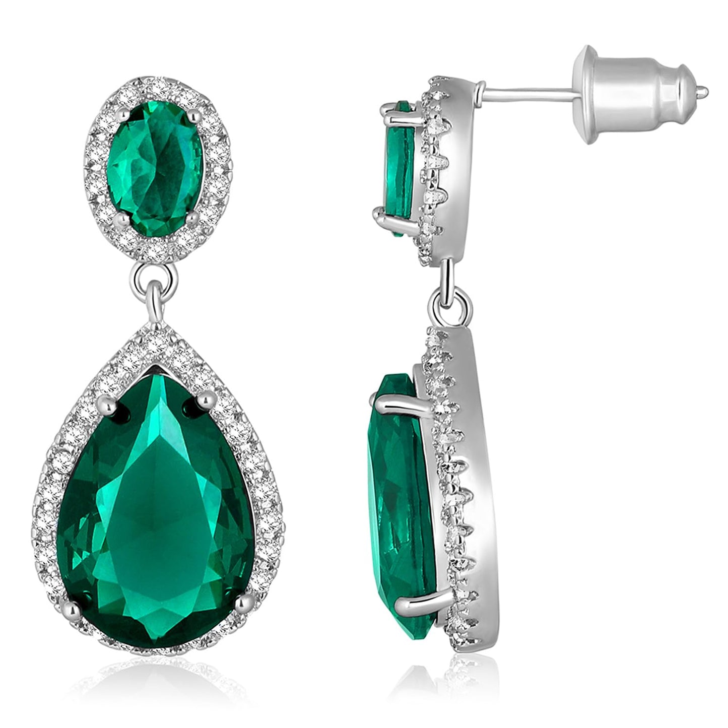 Peora Silver Plated Cubic Zirconia & Green Crystal Studded Drop Earrings Trending Jewellery For Women