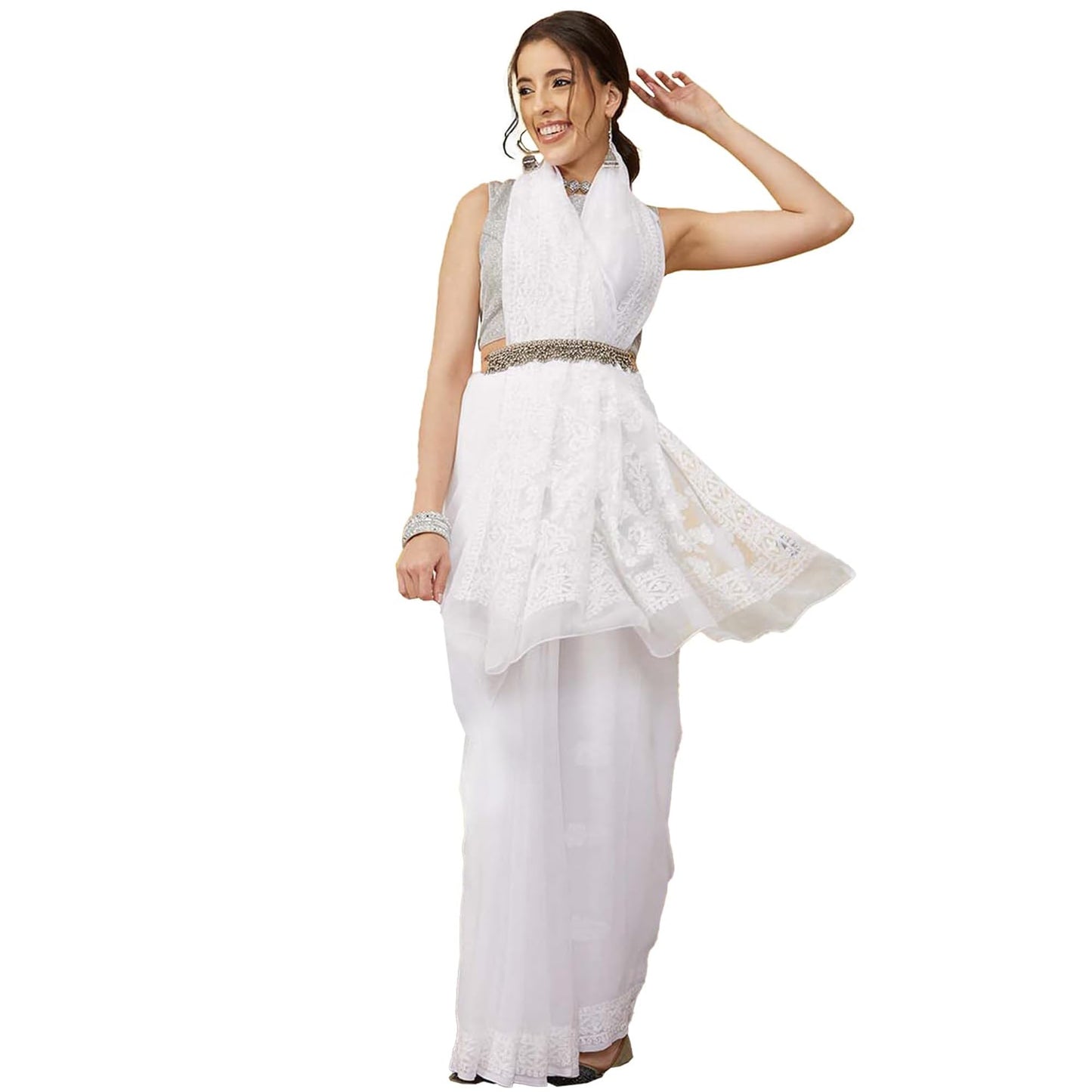 Ada Women's Handmade Lucknow Chikankari White Georgette Saree with Unstitched Blouse A129574