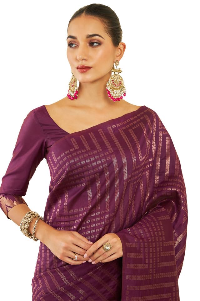 Soch Womens Wine Tussar Saree With Zari Woven Geometric Patterns