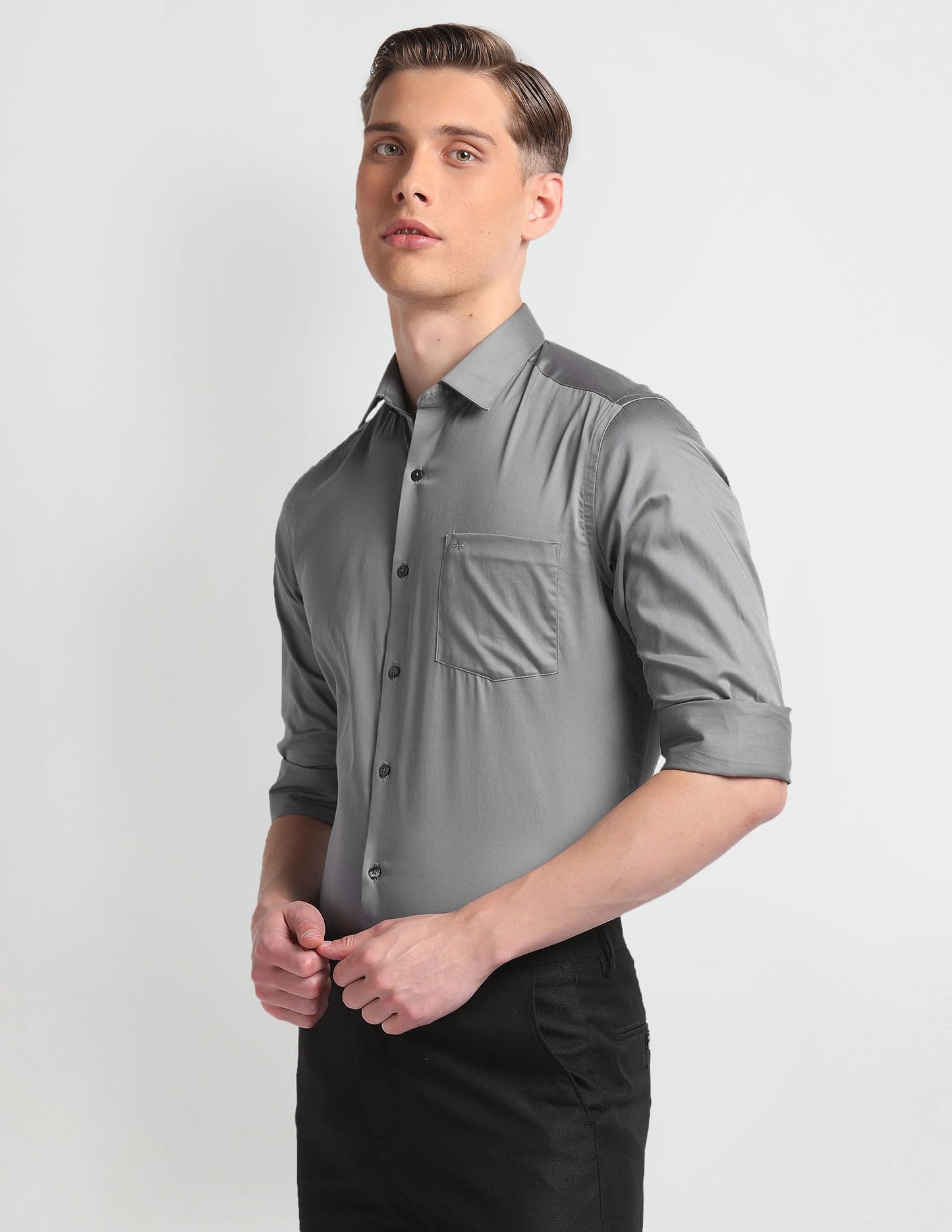 Arrow Men's Grey Solid - Cutaway Collar Full Sleeves Formal Shirt with Chest Pocket | Cotton Fabric | Slim Fit