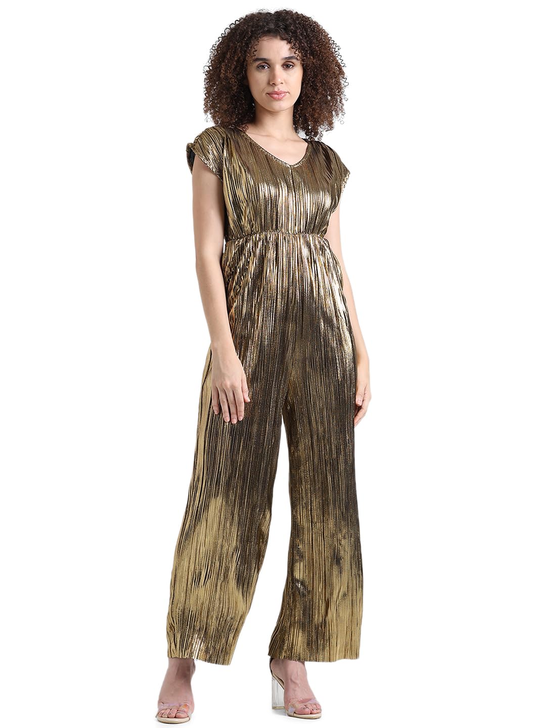 ONLY Women Solid Polyester Relaxed Fit Golden Jumpsuit