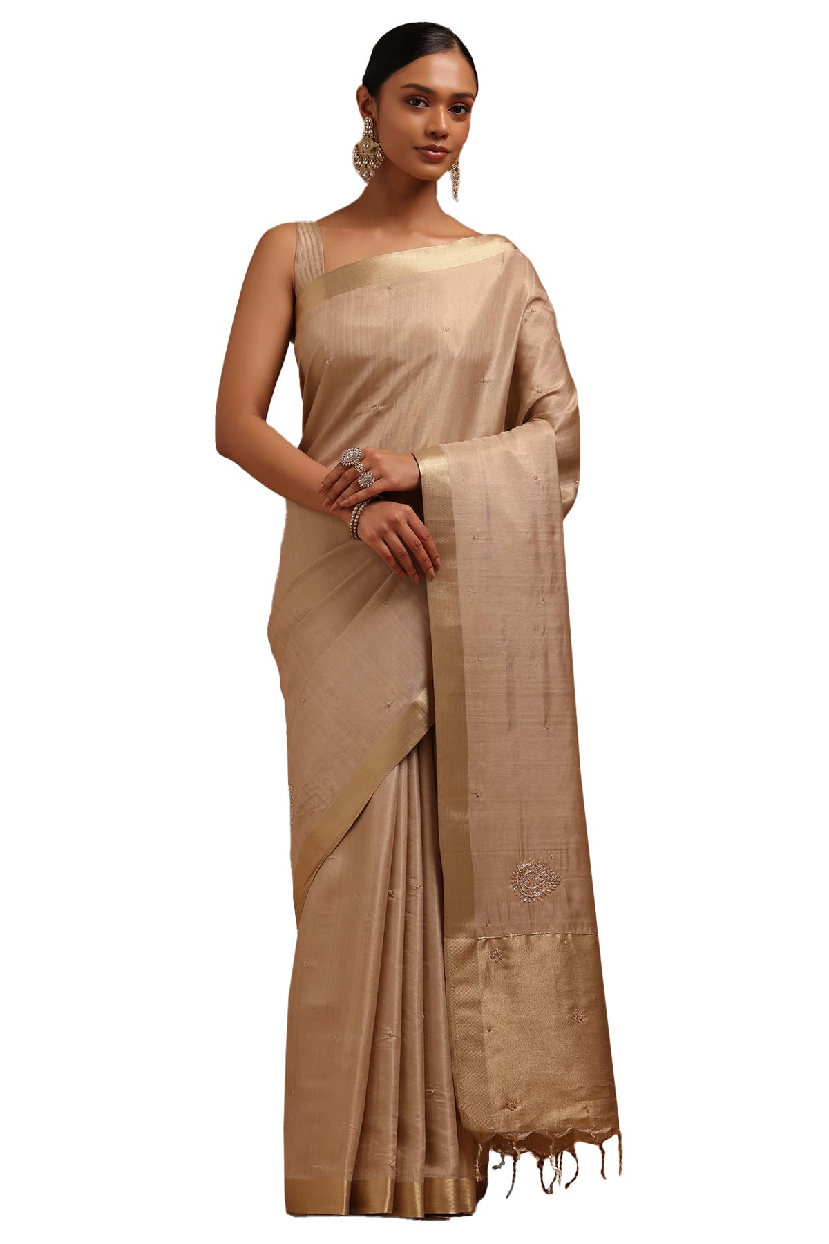 Soch Womens Beige Tussar Solid Saree With Cutdana