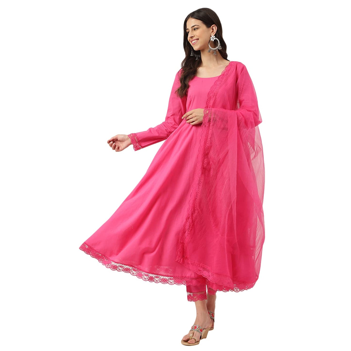 Divena Pink Solid Anarkali Kurta Pant set with Dupatta