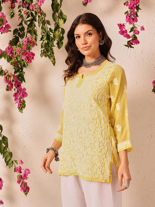 Ada Hand Embroidered Lucknowi Chikankari Georgette Short Kurti Top Tunic for Women A911494 Yellow (M)
