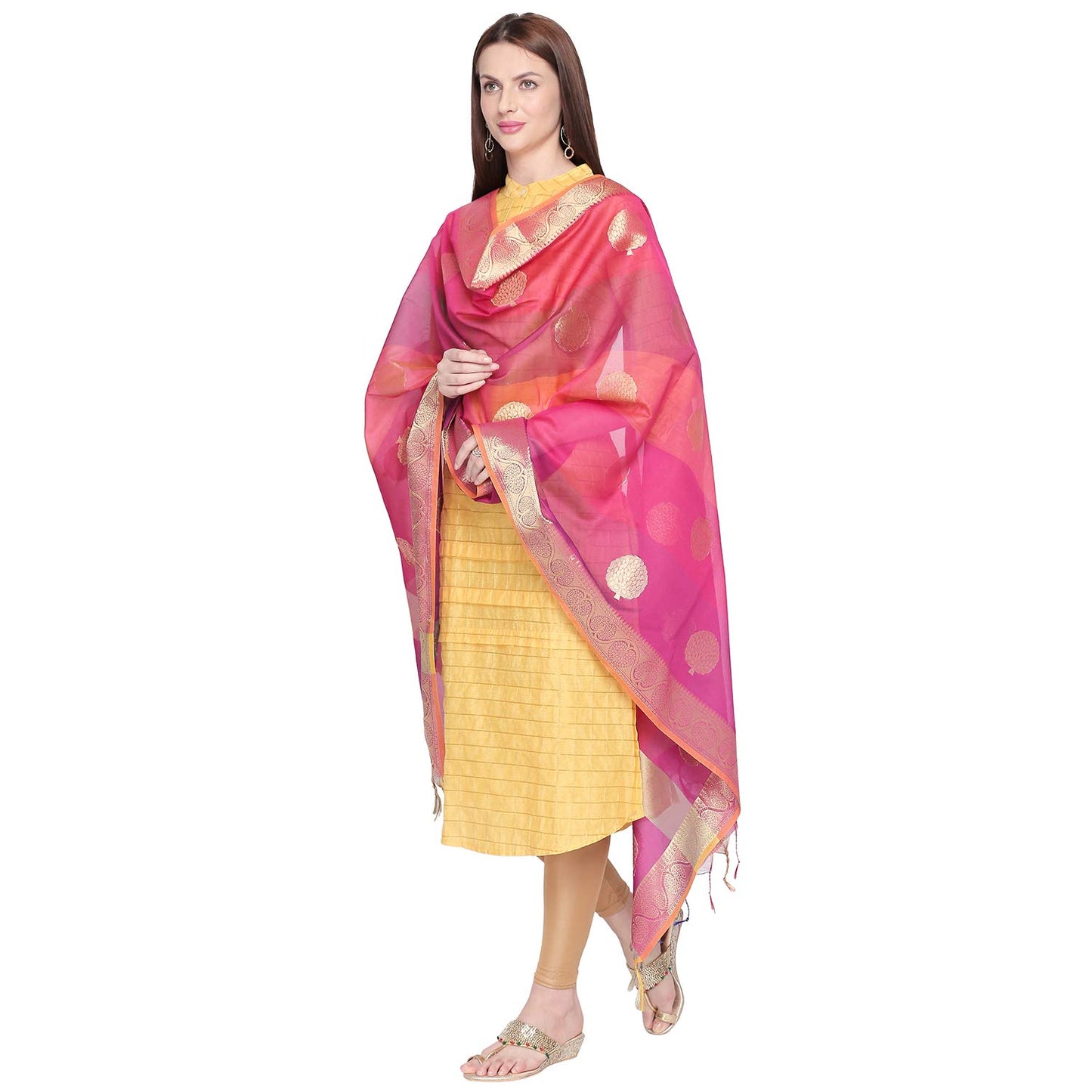 DUPATTA BAZAAR Woman's Woven Pink & Gold Shaded Banarasi Silk Dupatta