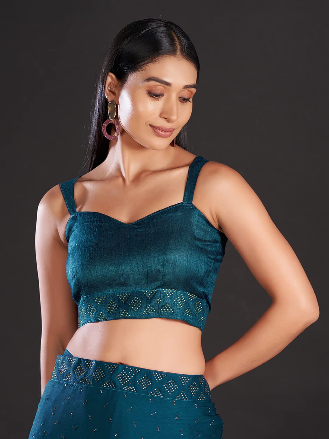 AKHILAM Women's Satin Embellished Designer Saree With Unstitched Blouse Piece (GLMP1402_Teal blue)