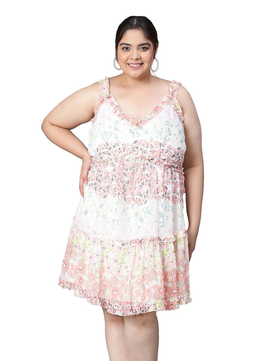 oxolloxo Women Plus Size Multicolor Floral Print Round Neck Sleeveless Knee-Length Dress