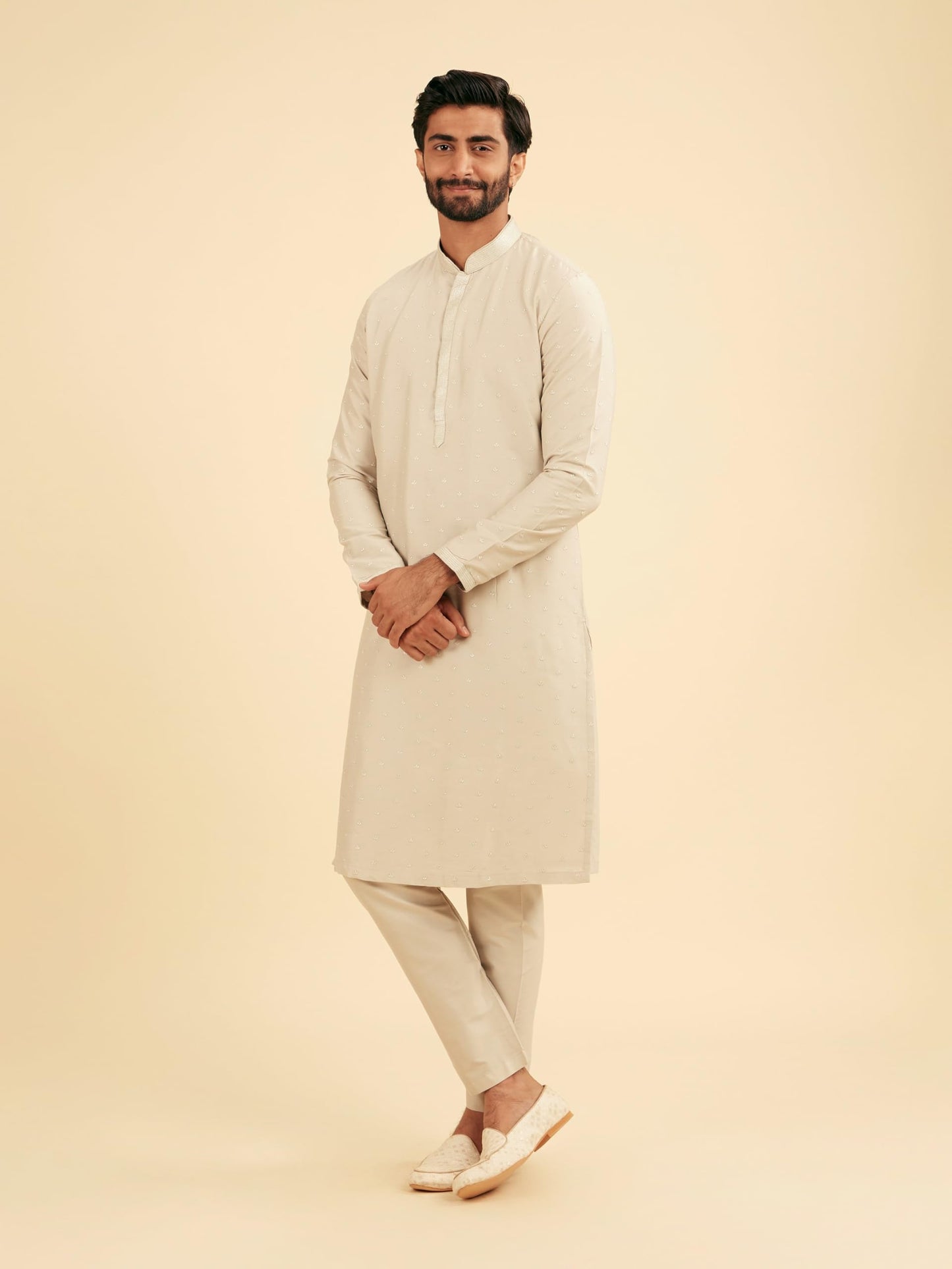 Manyavar Men's Viscose Blend Thread Embroidery Kurta Set (Light Grey,XXXL)