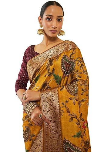 Soch Womens Mustard Crepe Saree With Floral Kalamkari Print And Zari Borders