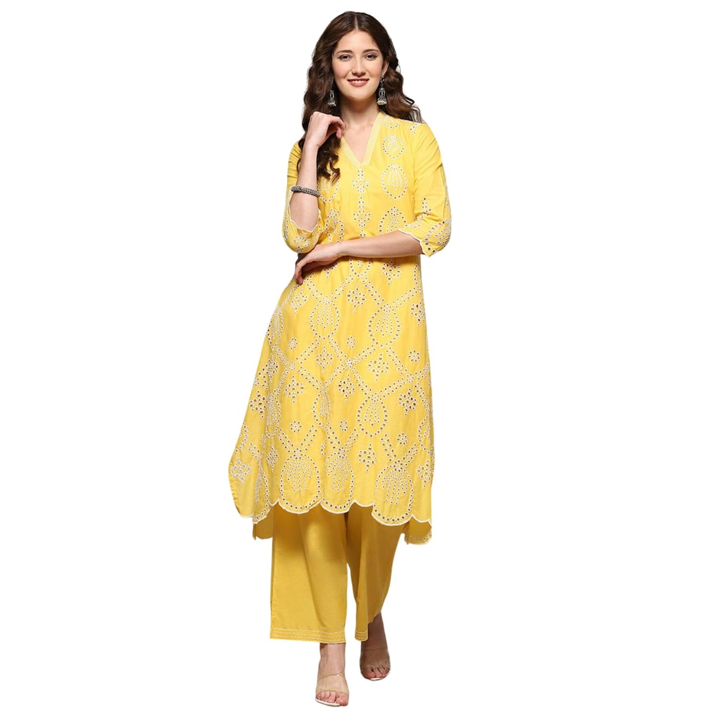 BIBA Women Cotton Asymmetric Embroidered Suit Set