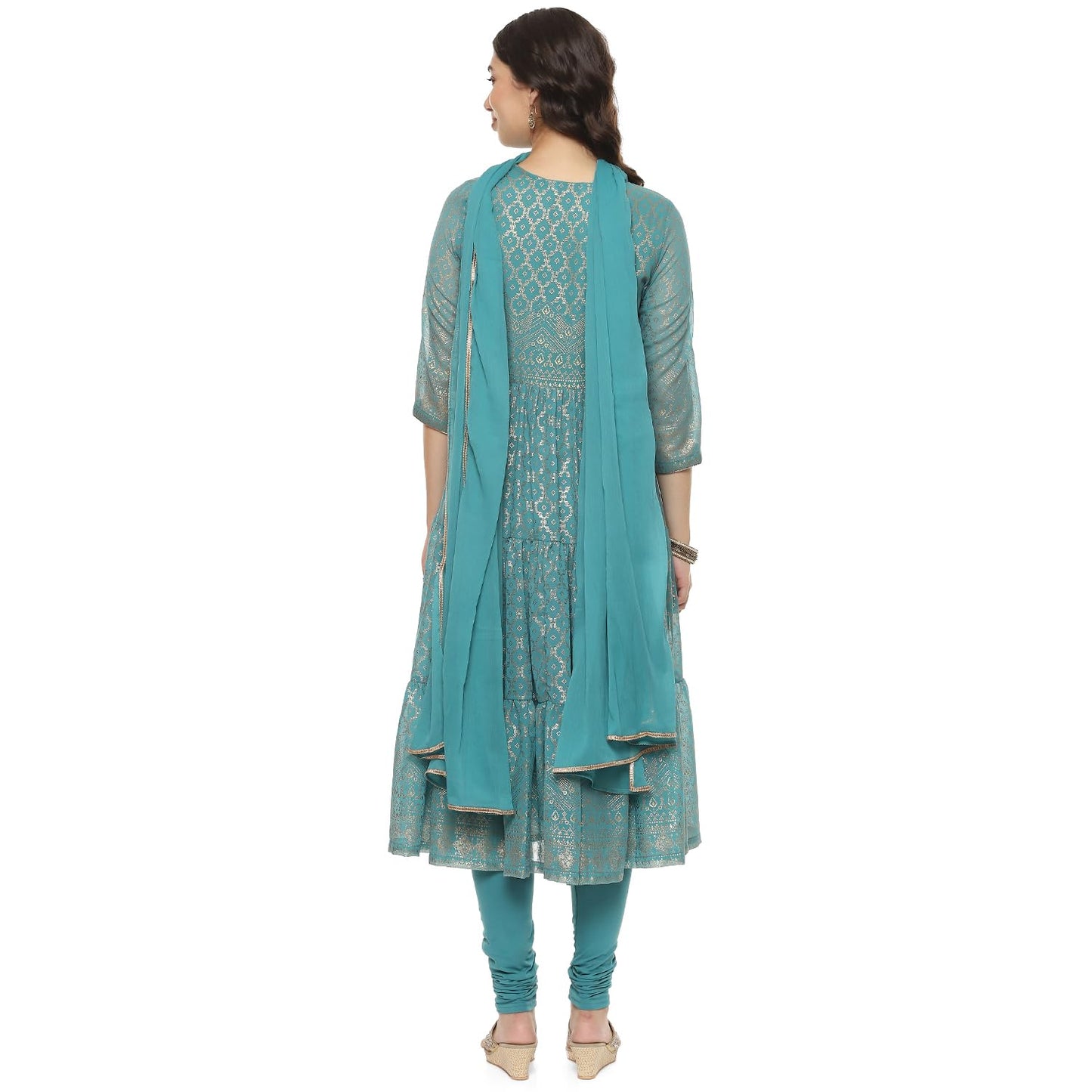 BIBA Women Cotton Blend Printed Anarkali Salwar Kurta Dupatta(Skdgold Mur9143_Sea Green_34)