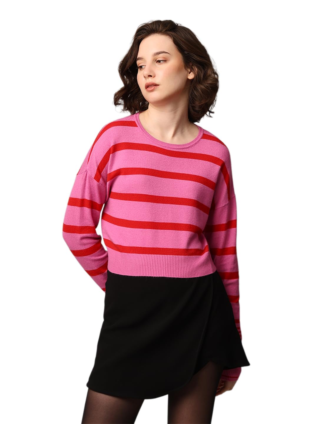 ONLY Women Striped Viscose Blend Pink Pullover Sweater