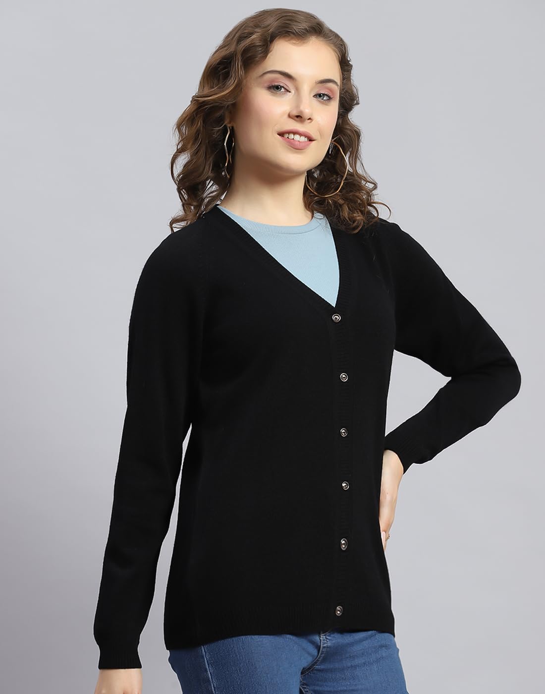 Monte Carlo Womens Brinjal Solid V Neck Full Sleeve Cardigan Sweater (1230527VN-1147-38)