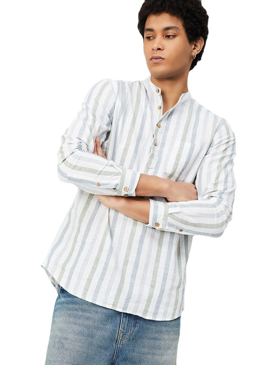 Max Men's Full Sleeves Mandarin Collar Striped Cotton Short Kurta White
