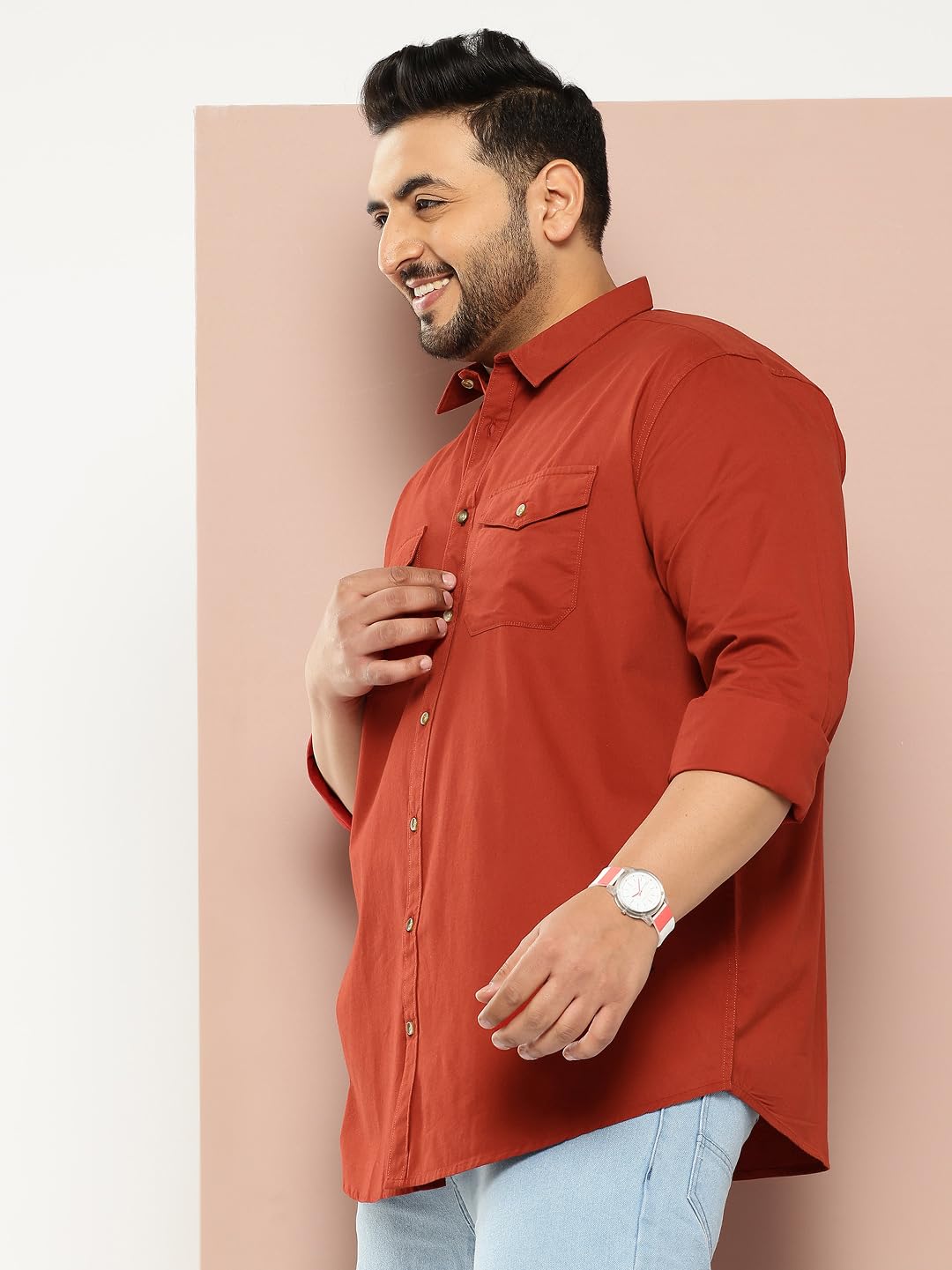 Thomas Scott Men's | Plus Size | Regular Fit | Long Sleeves | Spread Collar | Solid | 2 Flap Pockets | 100% Cotton | Casual | Shirt (TS1168_Rust_3XL)