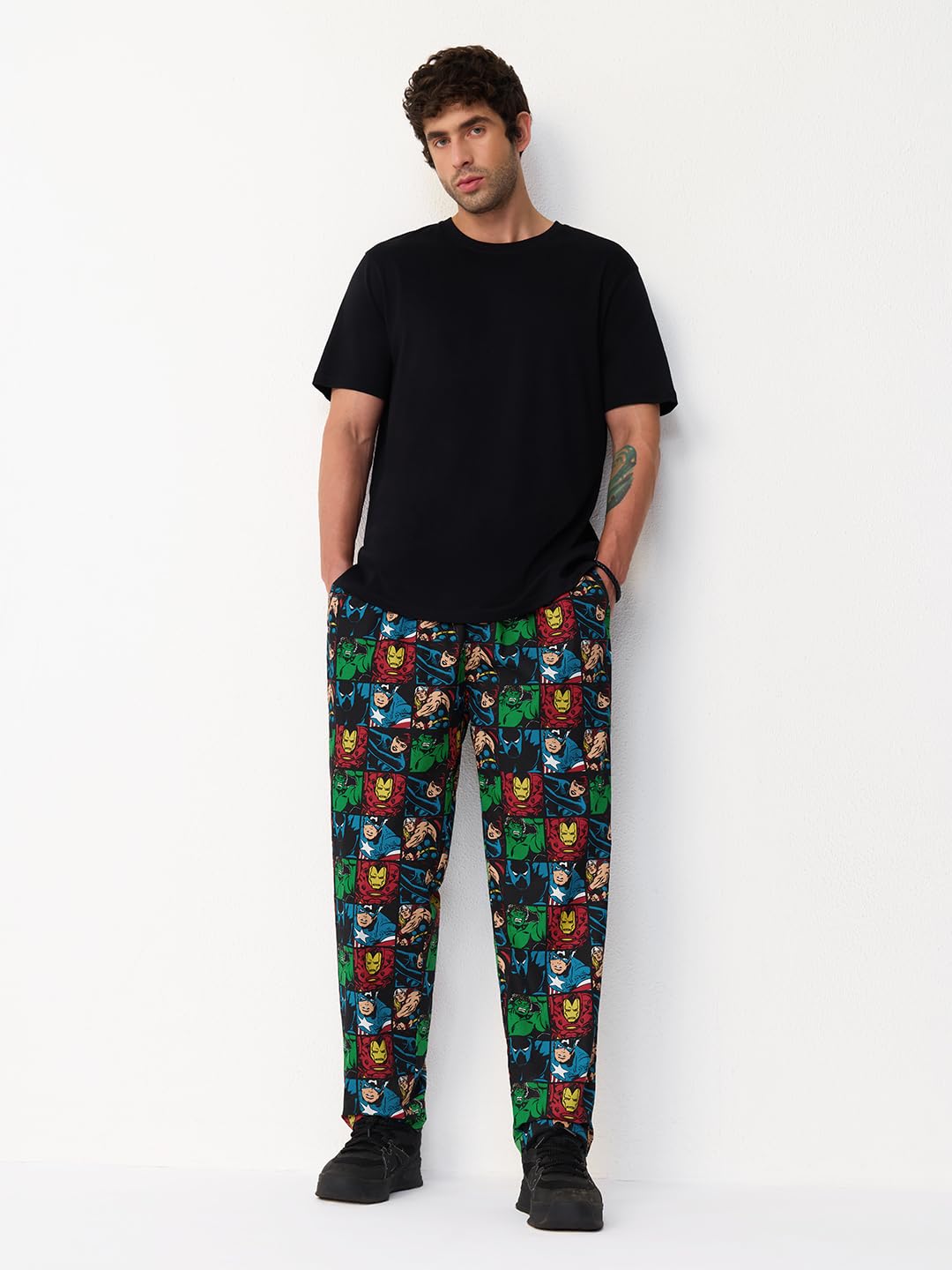 The Souled Store Marvel: Comics Men and Boys Elastic Waistband Black All-Over Print Cotton Regular Fit Lightweight Official Sleepwear Pyjamas