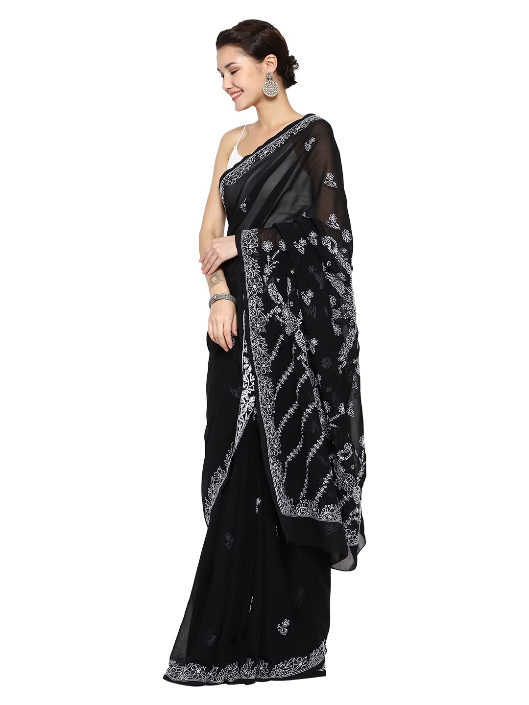 Ada Hand Embroidered Lucknow Chikankari Women's Georgette Saree with Unstitched Blouse Piece A130251 Black