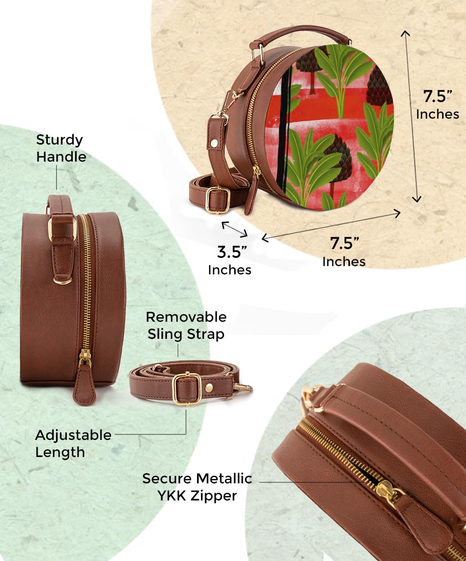 Kalankit Round Sling Bag for Women & Girls | Stylish Vegan Leather Crossbody Purse | Side Bag with Strap | Valentine Gift | Birthday Present | Travel-Friendly | Trees Garden