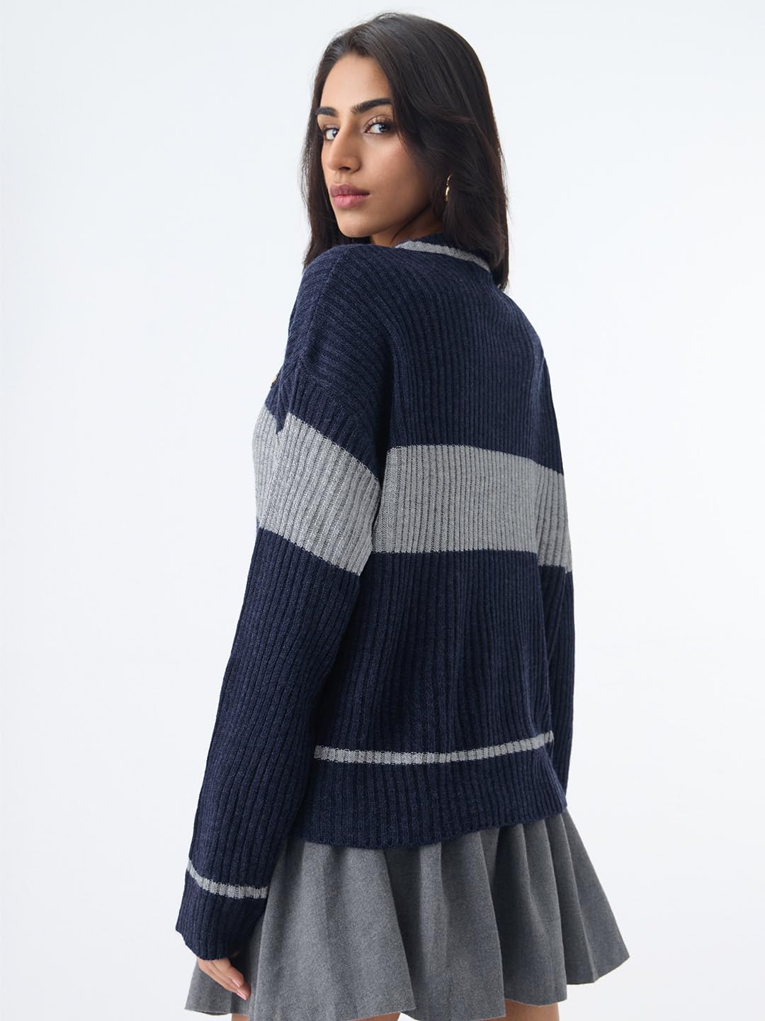 The Souled Store Harry Potter: The Thinkers Women and Girls Full Sleeves Round Neck Navy Grey Striped Acrylic Oversized Fit Ravenclaw Embroidered Winter Sweater