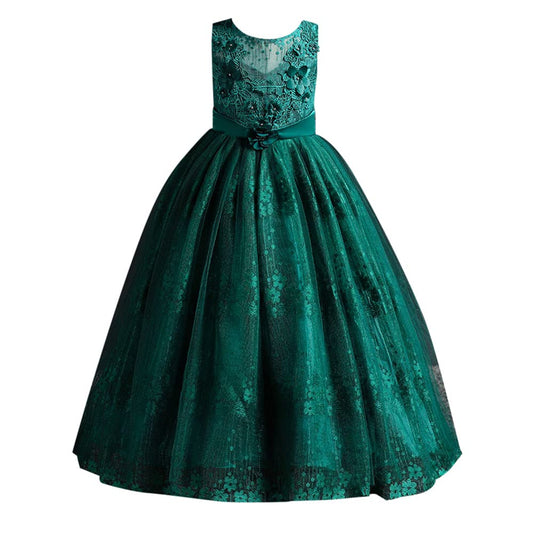 Hopscotch Girls Polyester Sleeveless Floral Applique Fit And Flare, Maxi Gown In Green Color For Ages 4-5 Years (Srs-3514654)