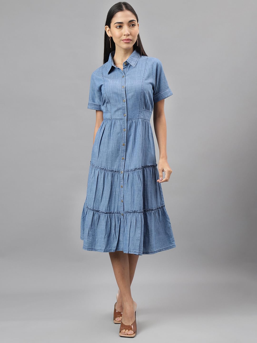 Latin Quarters Women Blue Collar Neck Half Sleeve Solid Knee Length Shirt Dress Casual for Wear